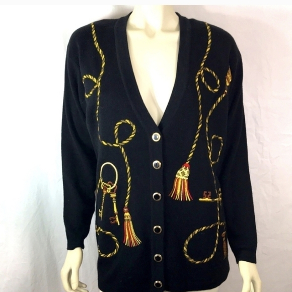 Vtg 90s Cardigan Black Sweater W/ Rope & Keys maximalist Embroidered Design Sz M - Picture 2 of 11